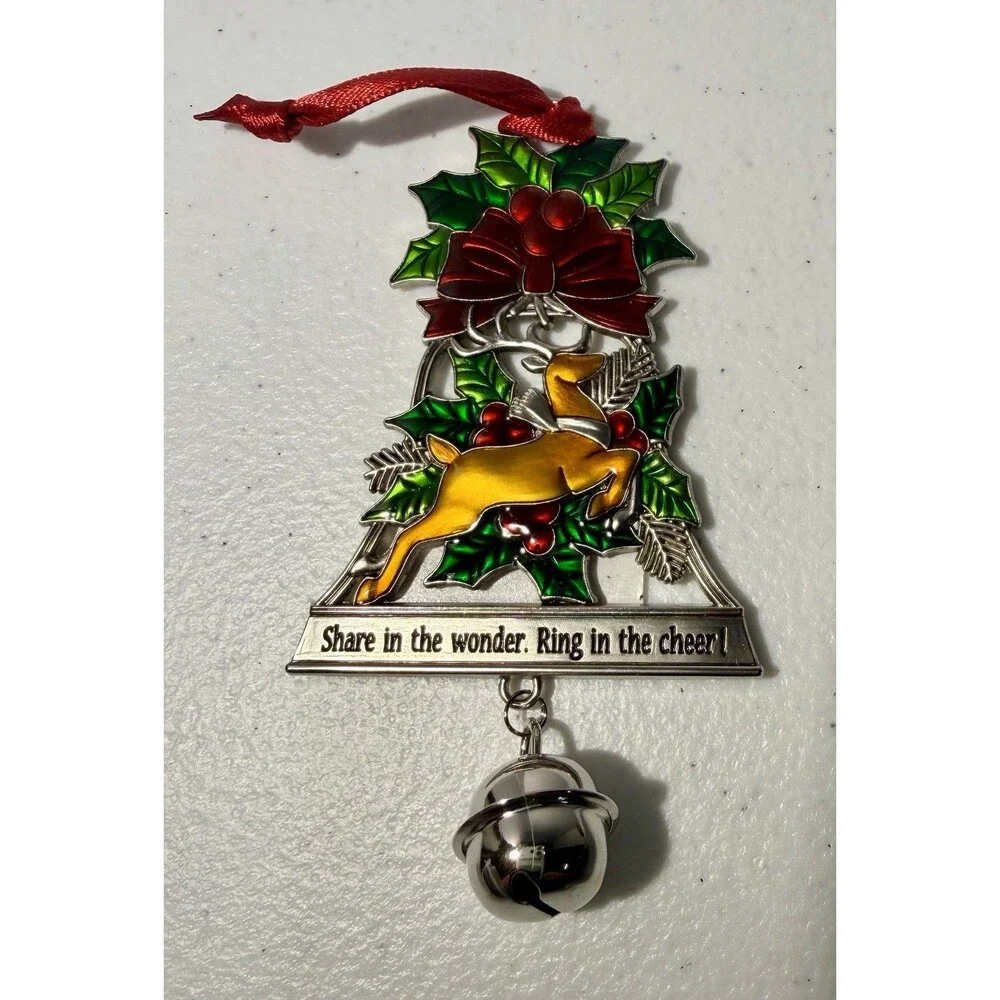 Ganz Christmas Ornament Bell Holly Reindeer Design “Share In The Wonder/Ring In”